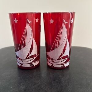 Hazel Atlas Red Sailboat Glass, Vintage, HTF Color Set of 2